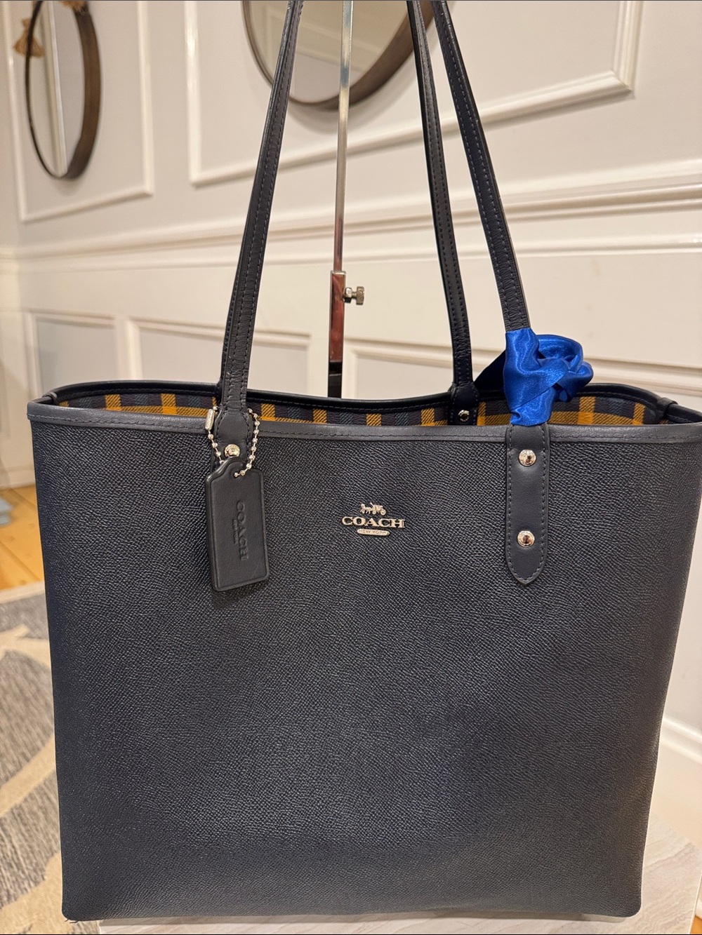Coach Bag Reversible Plaid Checkered Yellow Blue City Tote with Removable Pouch - Picture 4 of 17